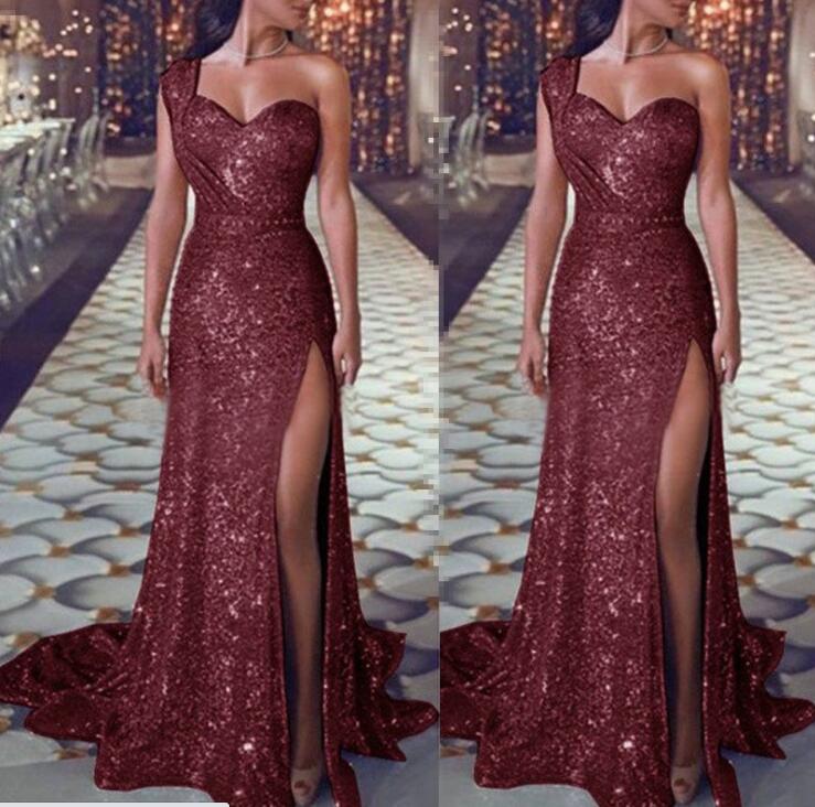 One Shoulder Mermaid Evening Dresses Side Split Sequins Long Formal Prom Gowns In Stock Red Carpet Dress