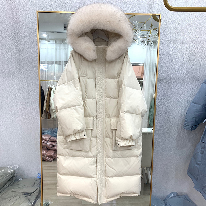 Big Real Fox Fur New Winter Jacket Women Hooded Long Down Parkas 90% White Duck Down Coat Female Loose Windproof Warm Coat 201019