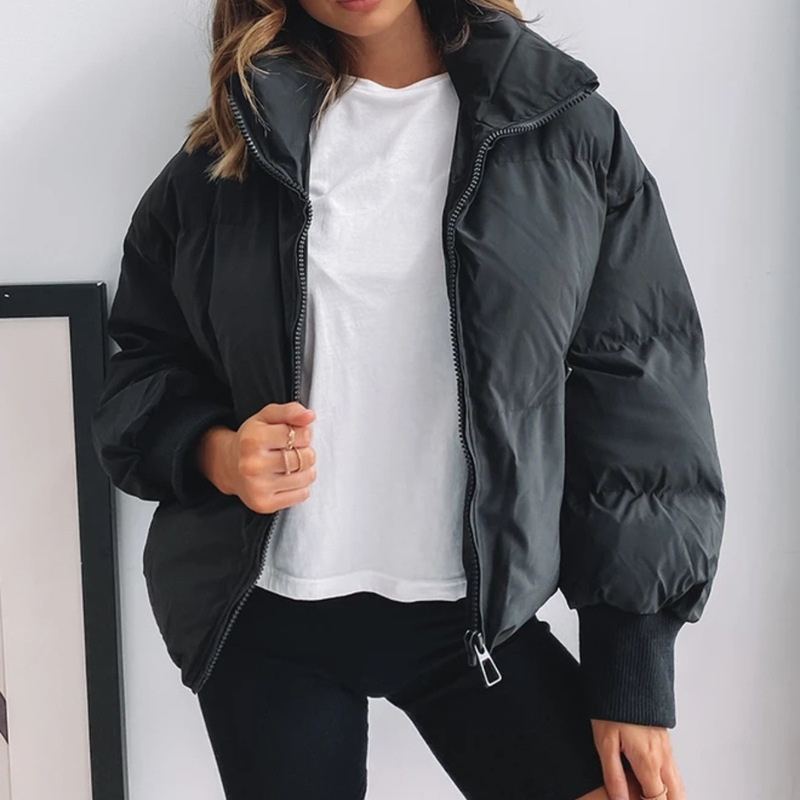 New autumn and winter fashion sports cotton padded coat women loose solid color stand collar long sleeve cotton padded jacket 201019