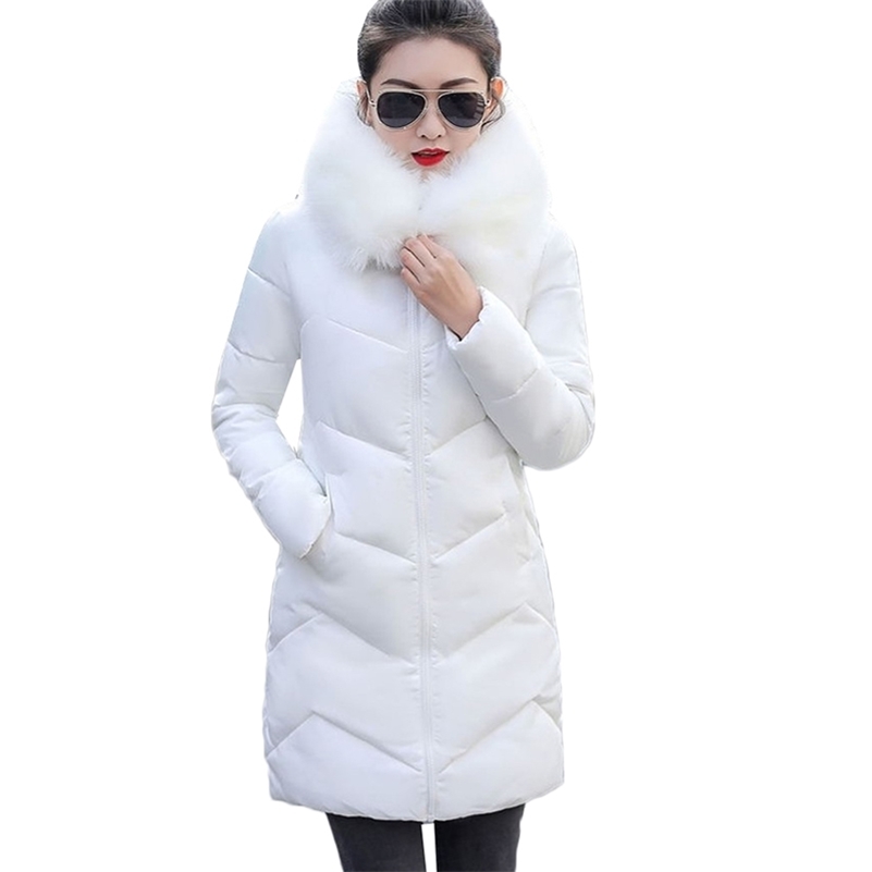 Winter Coat Women Thicken Down Cotton Jacket Hooded Fur Collar Mid-Long Outerwear Warm Snow Cotton Padded Jacket 201217