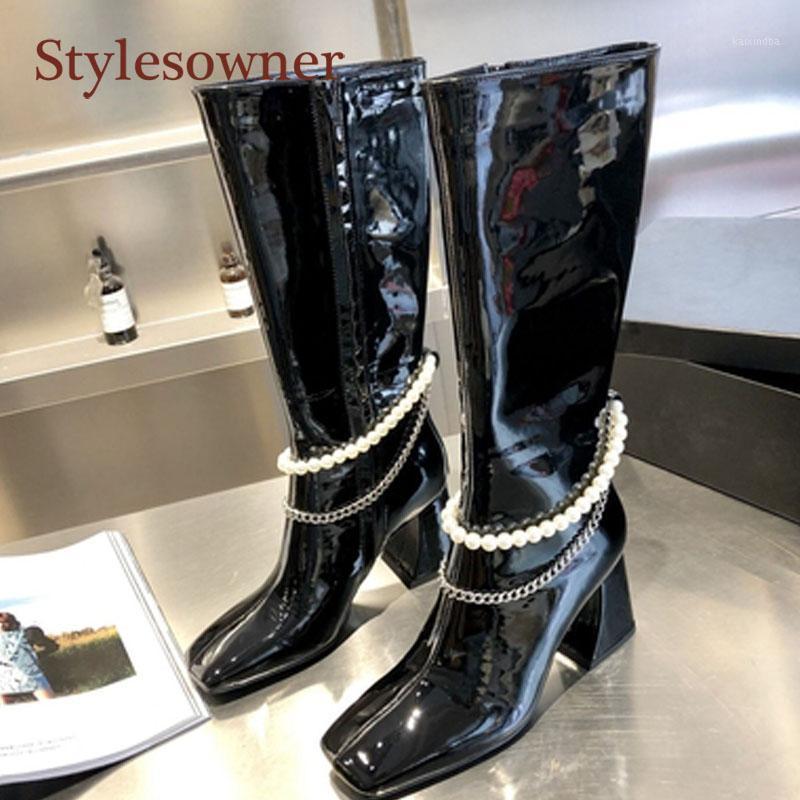 Thick High Heel Spring Autumn designer Boots 2021 Pearl Chain Square Head Shiny Patent Leather Women Long Boots1, Short black
Thick High Heel Spring Autumn designer Boots 2021 Pearl Chain Square Head Shiny Patent Leather Women Long Boots1, Short black
