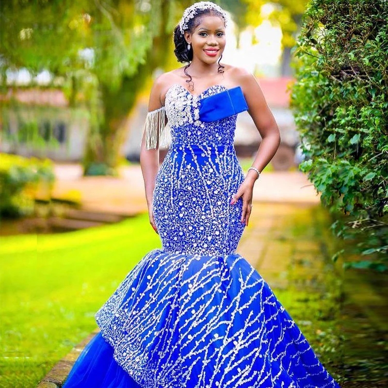 Aso Ebi African Women Royal Blue Prom Dress With Sweetheart Tassels Sequins Lace Appliques Plus Size Tiered Sweep Train Evening Gowns Vestidos De Novi
