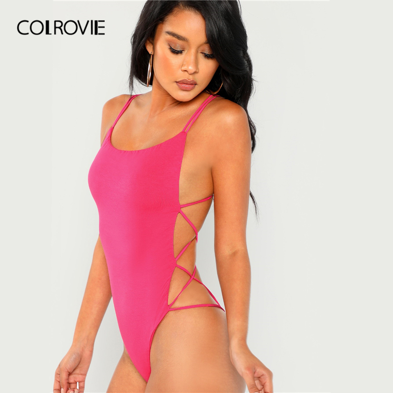 COLROVIE Strappy Backless Bodysuit Women Black Sleeveless Summer Beach Hot Bodysuits Navy Scoop Neck Cross Slim Cami Bodysuit T200323