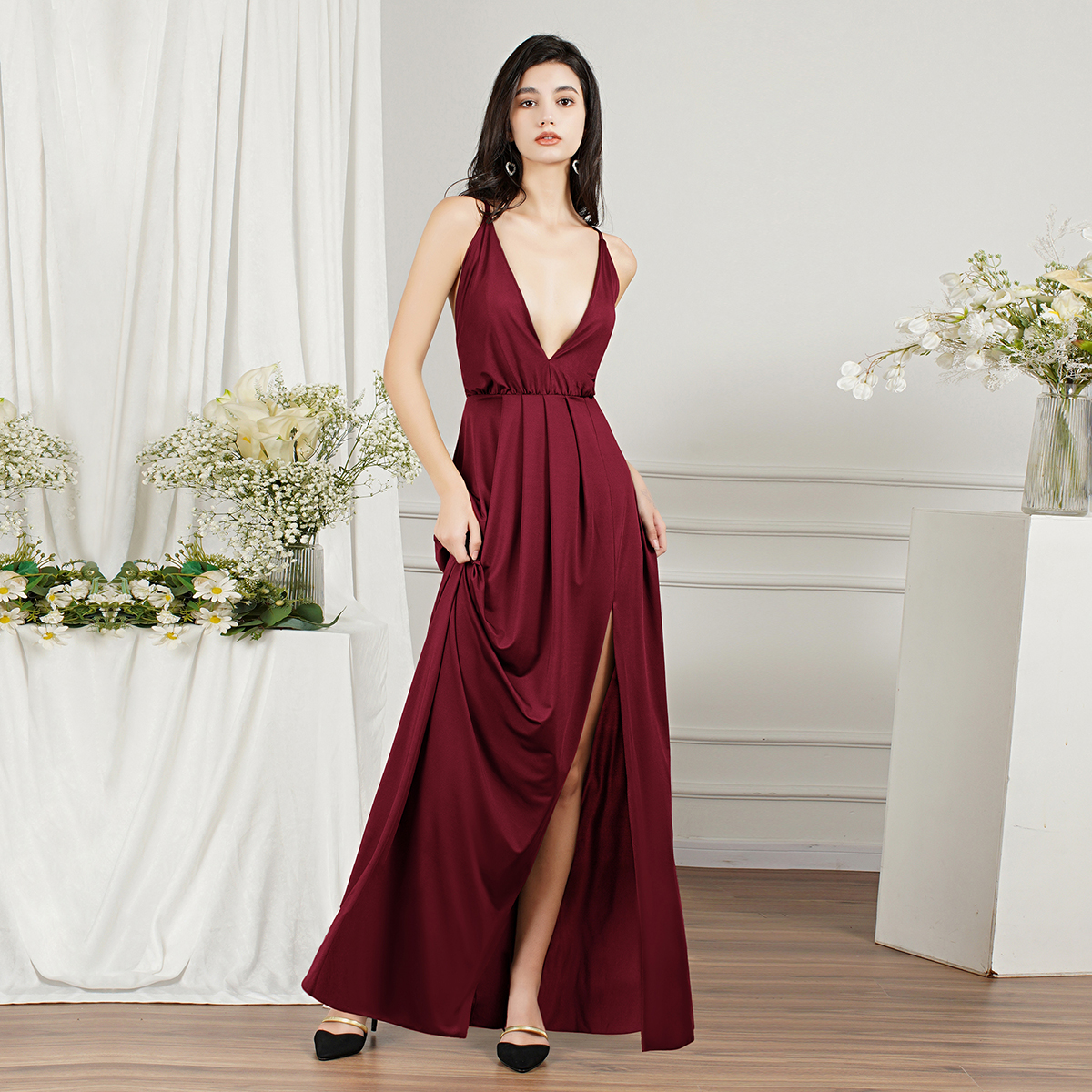 Sexy Deep V Neck Party Dress Women Backless High Split Bridesmaid Dress Gowns Evening Dress In Stock cps3008