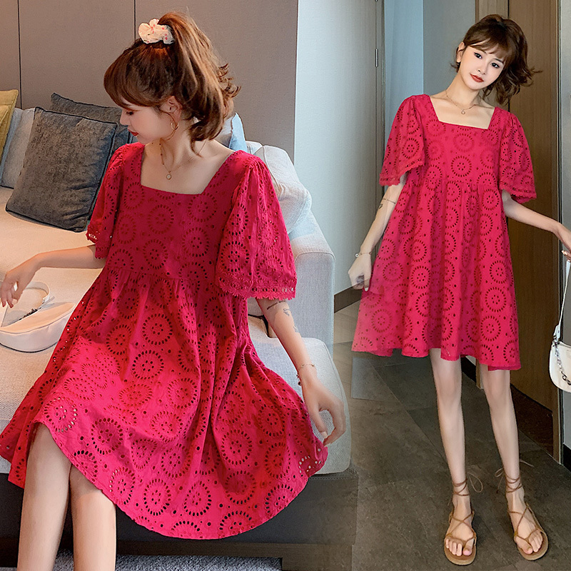 Maternity Clothes Summer Red fashion lace Short Sleeve Easy Matching Loose Stylish Dress for Pregnant Women Mom Dress LJ201124