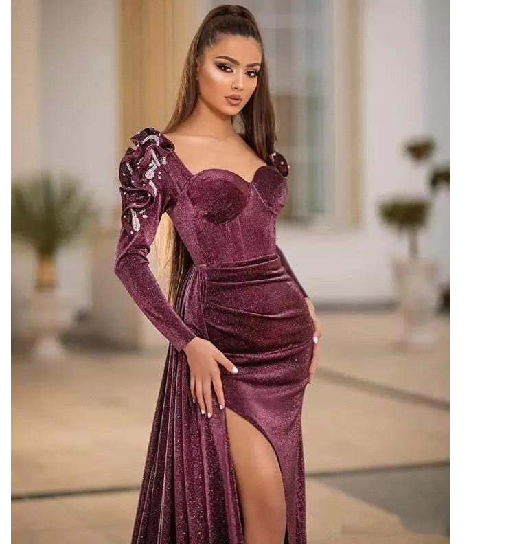 Sparkly Velvet Mermaid Evening Dresses Scoop Neck Long Sleeve Prom Gowns Plus Size Sexy Split Formal Party Dress