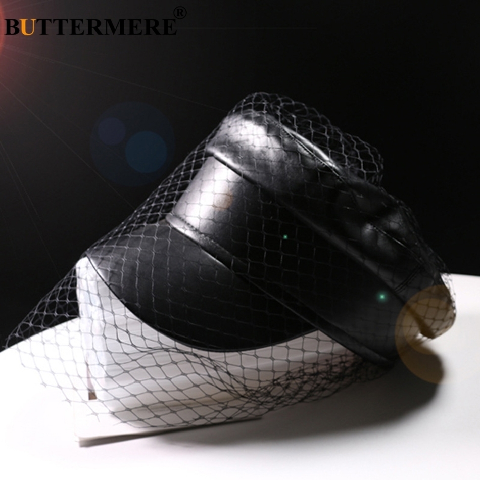 BUTTERMERE Leather Military Cap Women Black Captain Hat With Veil Elegant Solid Fiddler Cap Ivy Female Autumn Casual Sailor Caps Y
