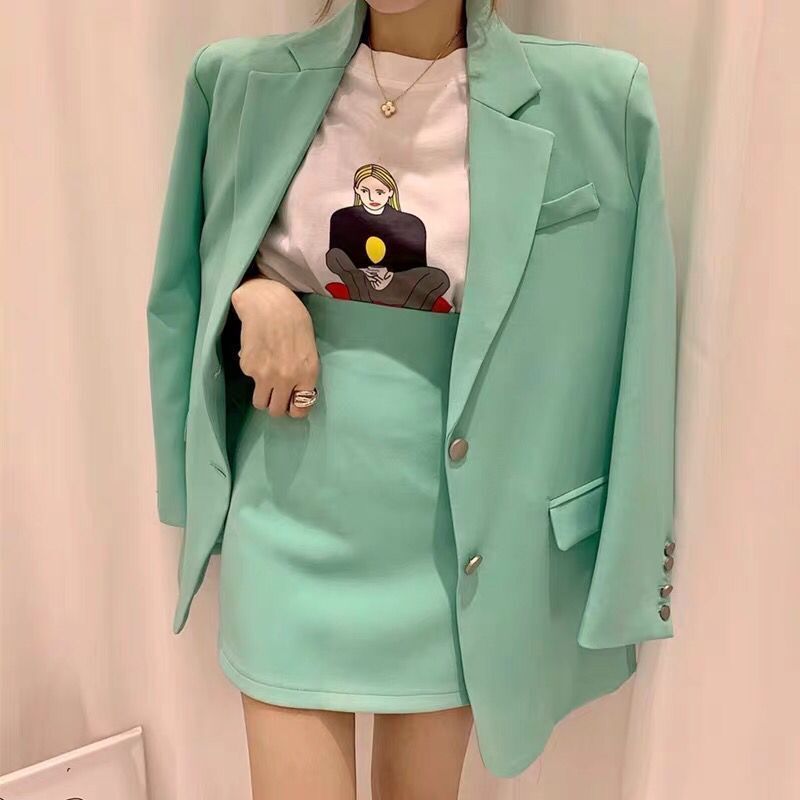 JuneLove women spring Korean fashion suit office lady blazer&skirts sets high waist skirt two-piece single breasted outwears 201201