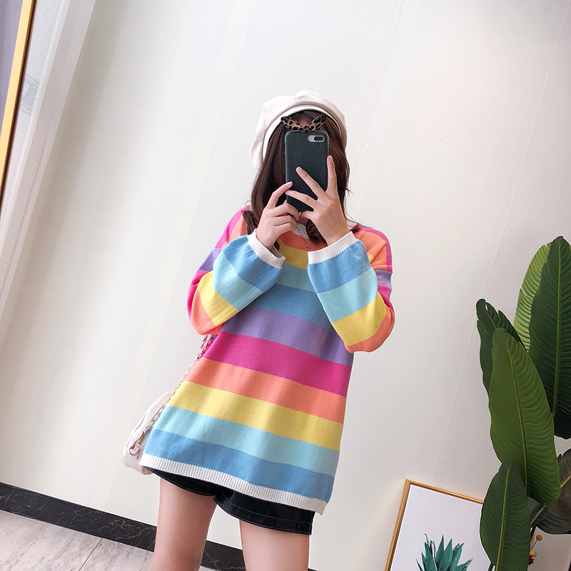 Heliar Autumn Winter Rainbow Stripe Sweater New INS Knit Sweater Long Sleeve Relaxed Lazy Style Women O Neck Pullovers 201017