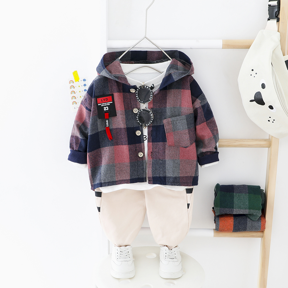 Toddler Boy Clothes Set Big Plaid Hooded Shirt + Elastic Pants Baby Boys Clothing Spring Autumn Children Outwear Normal Size 201031