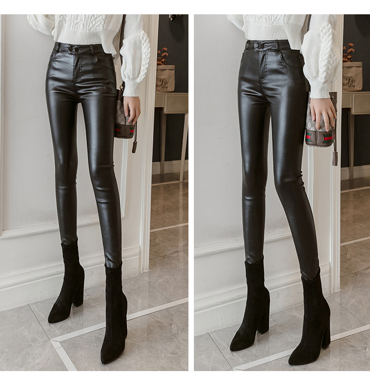 Cool Leather Pants Women Autumn Winter Elastic Stretch Skinny High Waist Women Pants Plus Size Solid Red Pencil Pants 7163 50 201228