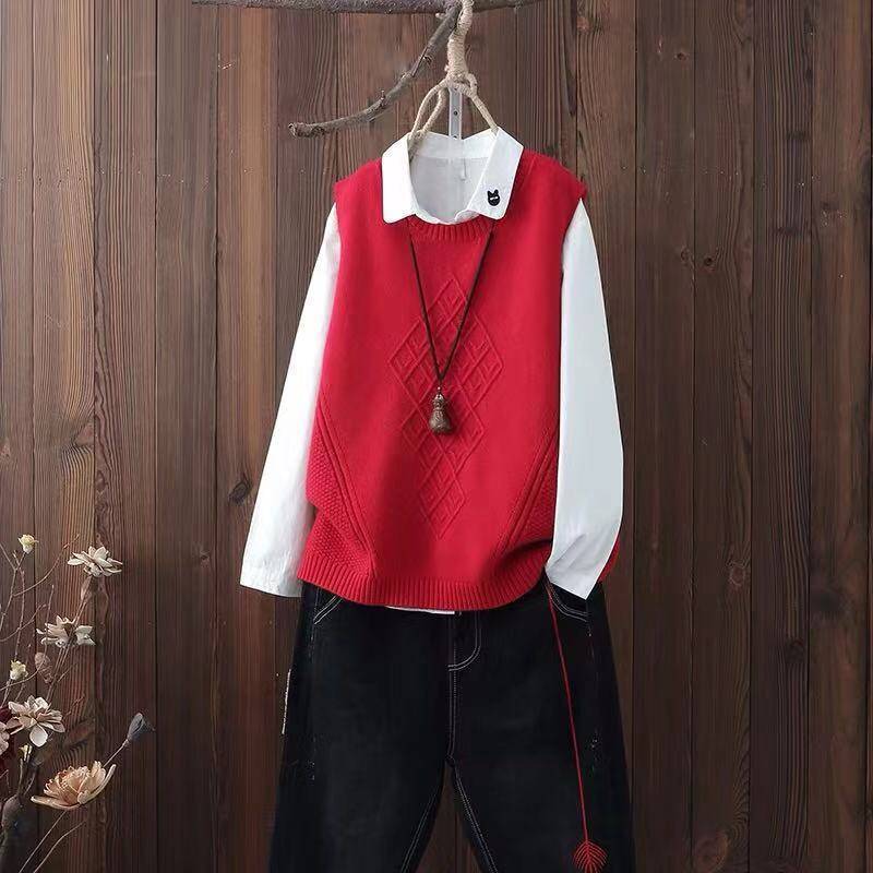 Round neck knitted waistcoat women's college style pullover waistcoat spring and autumn new woolen vest Korean loose sweater 201023
