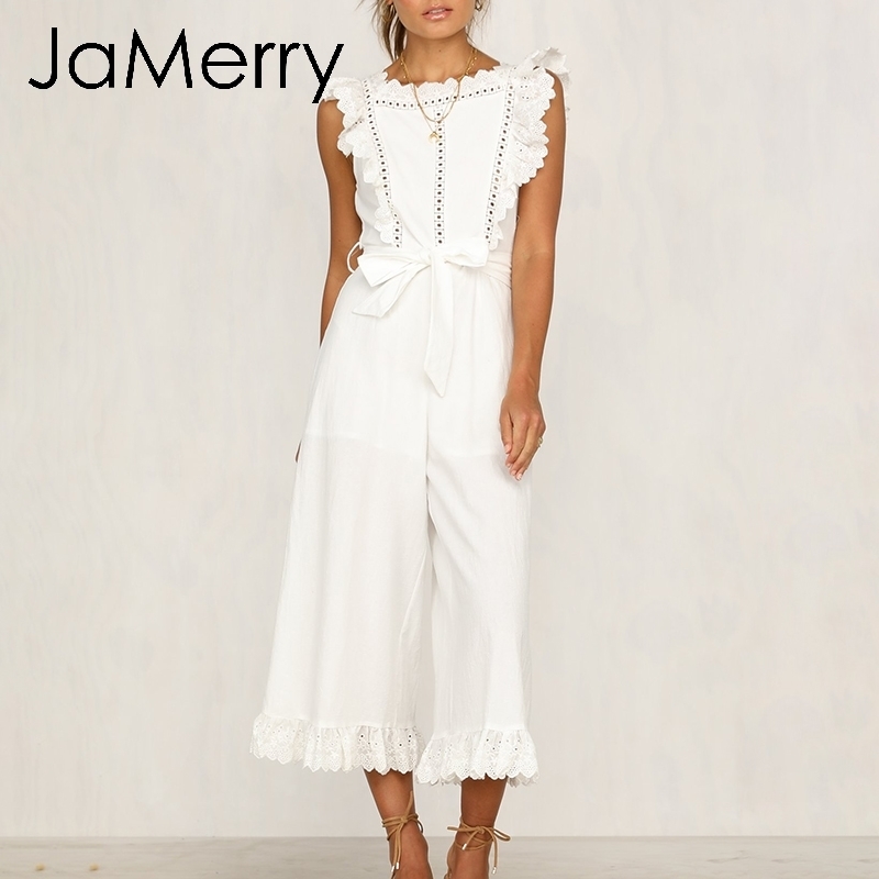 JaMerry Vintage cotton linen ruffled embroidery women jumpsuit Elegant hollow out sashes long jumpsuit romper Casual overalls T200107