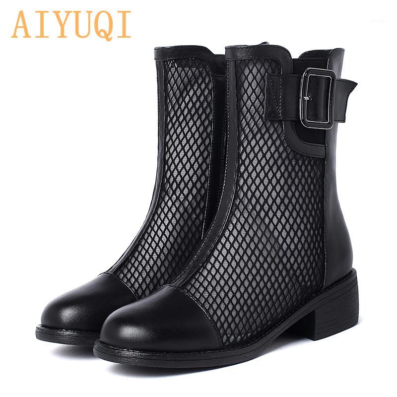 AIYUQI Women Spring Boots 2020 New Genuine Leather Shoes Women Mesh Comfortable Breathable Ladies Lace Summer Boots1, Balck