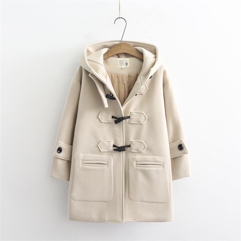 Cow horn buckles coats women autumn and winter long woolen coat hooded student small coat 201027