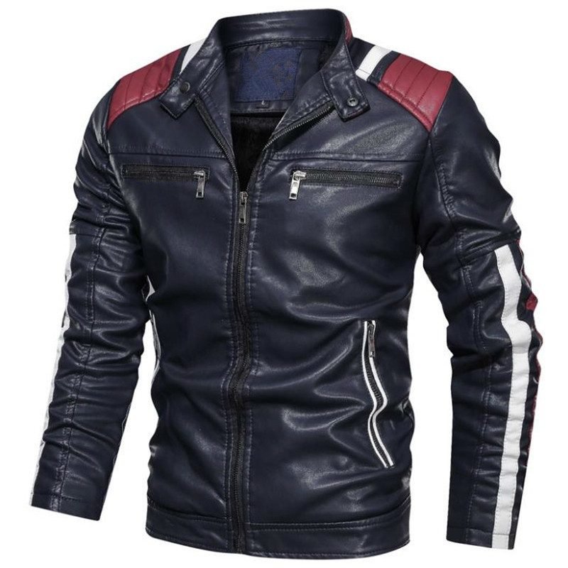 Men's Leather Jackets High Quality Stand Collar Jacket Leather Men Patchwork Motorcycle Winter Coat Mens Biker Jacket 201215