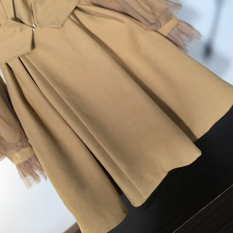 [EWQ] NEW Trench Coat Mesh Patchwork Lantern Sleeve Vintage Trench Coat Women Khaki Leisure Long Coats Woman Clothes 201211