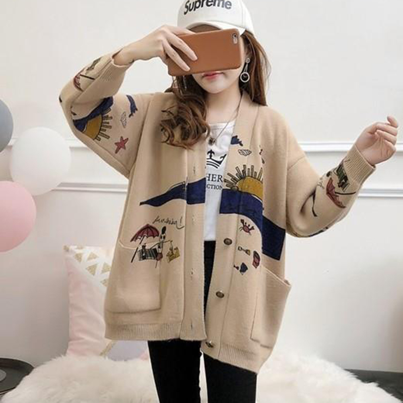 AZYT Cartoon Print Knitted Cardigan women's Jacket Autumn Korean Loose V Neck Sweater Coat Front Pocket Women's Cardigans 201031