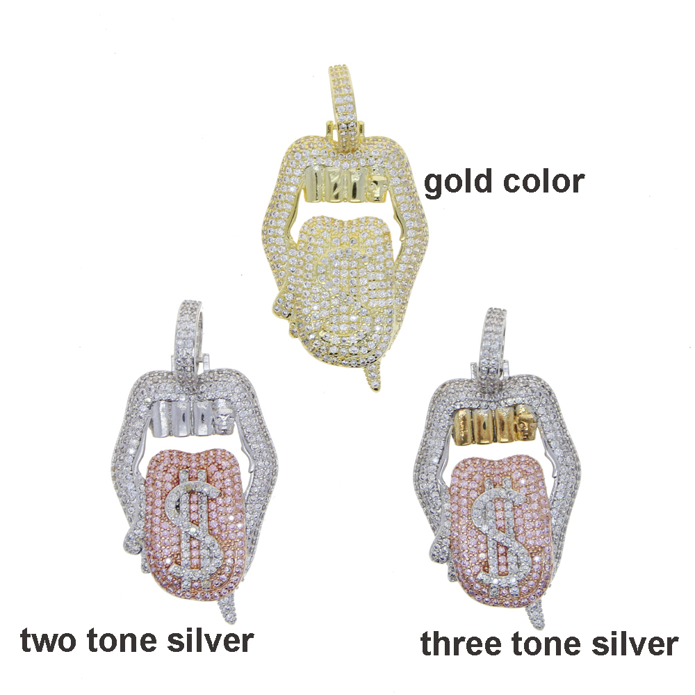 New All Hallows' Day Gift pendant Jewelry For Women Iced Out Bling CZ Tennis Chain Tongue Pendant Drip Dollar Lip Necklace