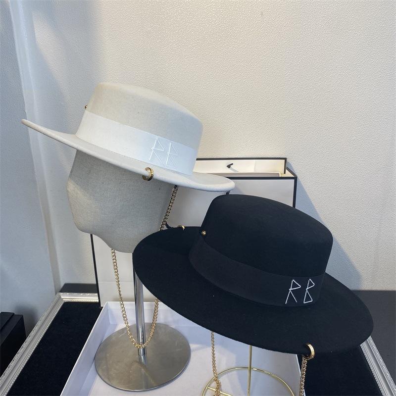 New Women Fedoras Wool Hats Fashion Letter With Chain Elegant Big Hat Black Big Brim