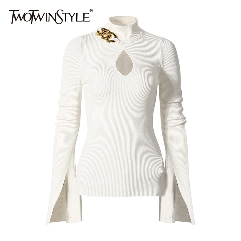 TWOTWINSTYLE Patchwork Chain Knitted Pullovers For Women Turtleneck Flared Collar Hollow Out Slim Sweater Female Fall New 201222