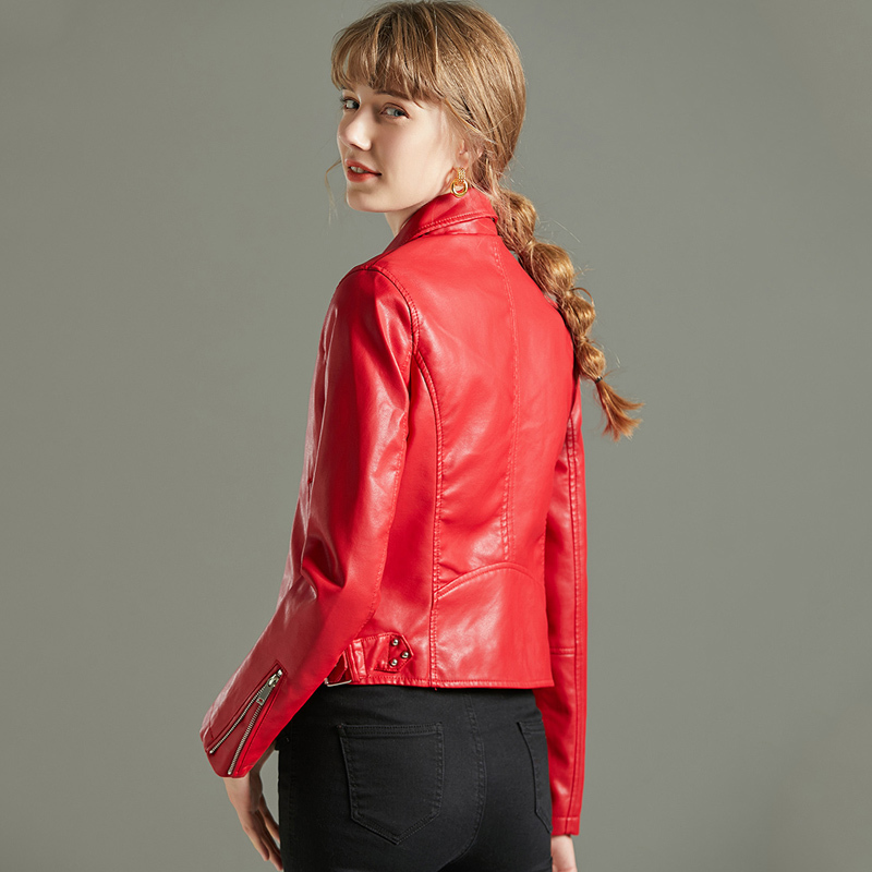 Ly Varey Lin Red Faux Soft Leather Basic Jackets Women Autumn Turndown Collar Rivet Zipper Biker Coat Faux Pu Motorcycle Jacket 201030
