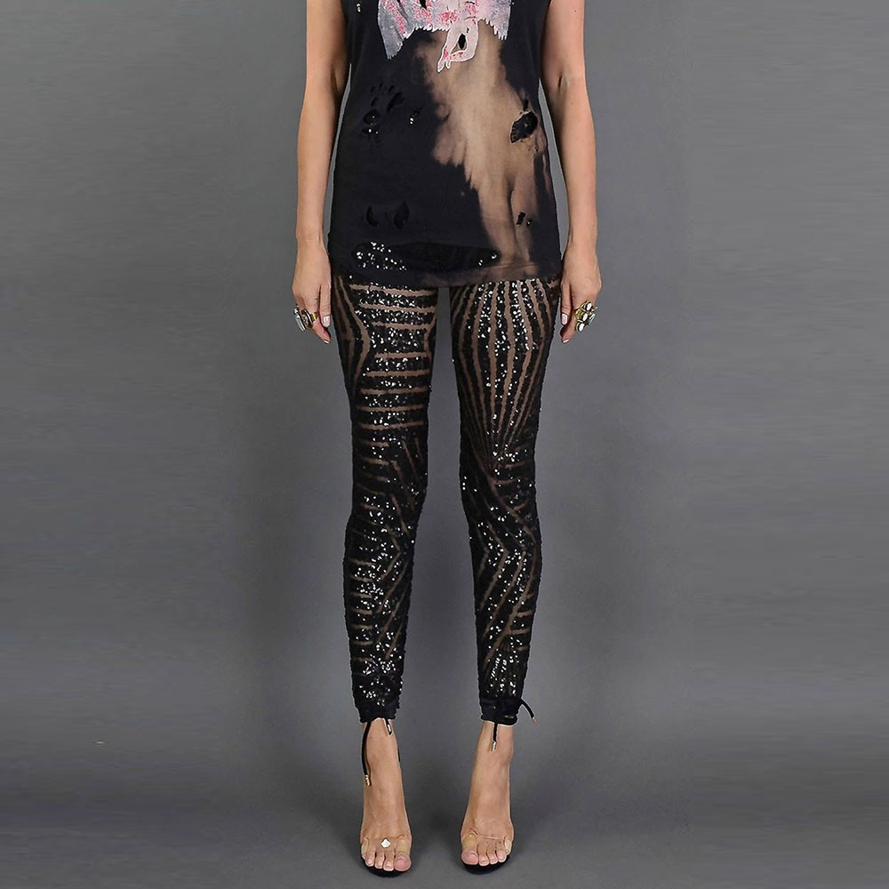 SEBOWEL Casual High Waist Sheer Mesh Sequined Pencil Pants for Woman Female Sparkling Flim Fit Black/Apricot Pants Size S-XL T200606