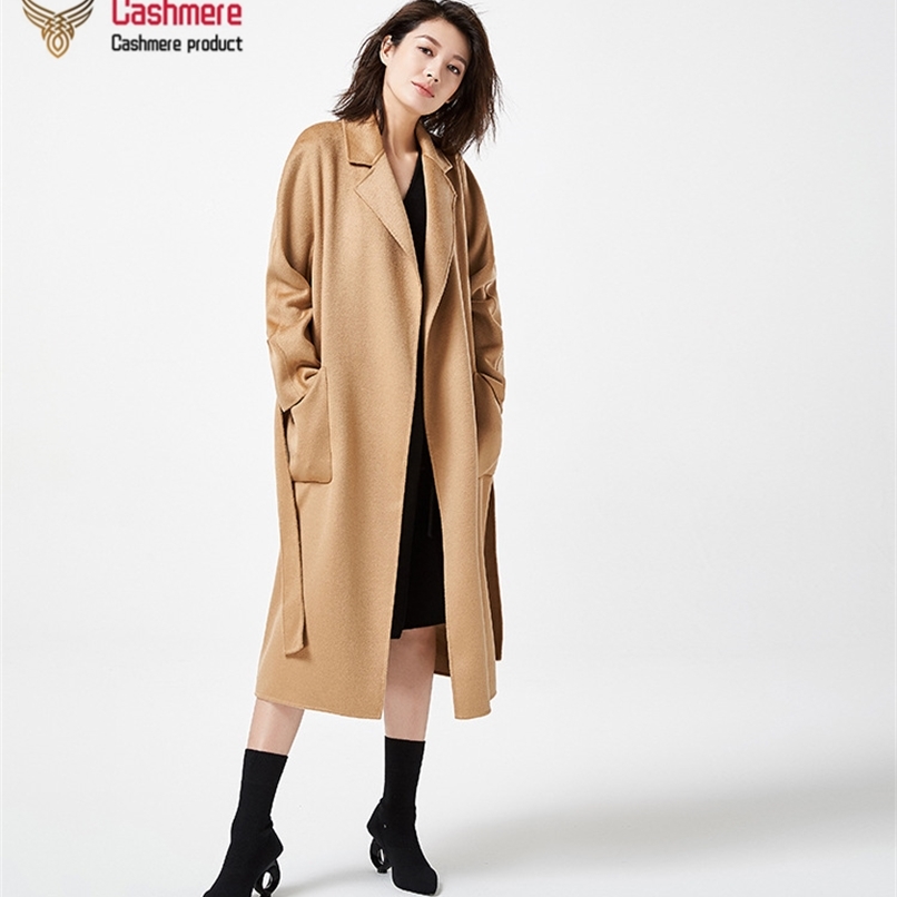 Women's winter water ripple female women long double-sided cashmere loose wool coat plus size 201214