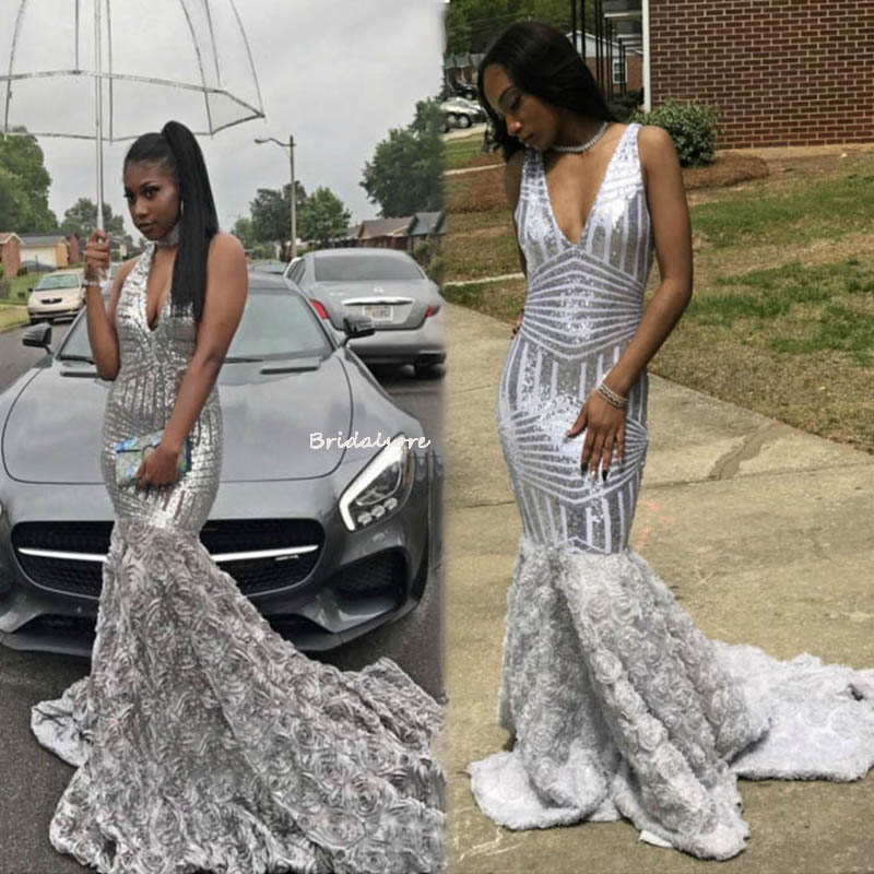 V Neck Silver Sequin Prom Dress Aso Ebi For Black Girls 2022 Sparkle Rose Florals Bottom Evening Gowns For Formal Party Wear Plus Size Trumpet Occasio
