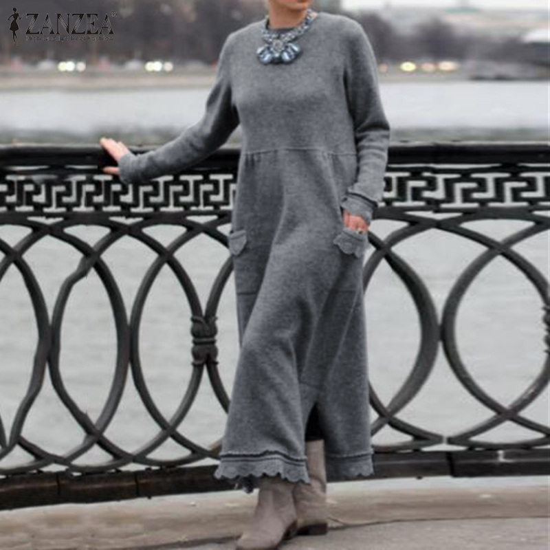 ZANZEA Women Autumn Long Sleeve Long Sweatshirt Dress Lace Pacthwork Sundress Solid Vestido Robe Femme Loose Fleece Dresses T200416