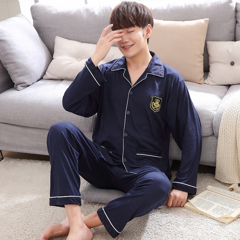 Spring Knitted Mens Pajama Set Cardigan Fold-down Collar Middle-aged Tracksuit Autumn MEN'S Wear Long Sleeve Pajamas 201109