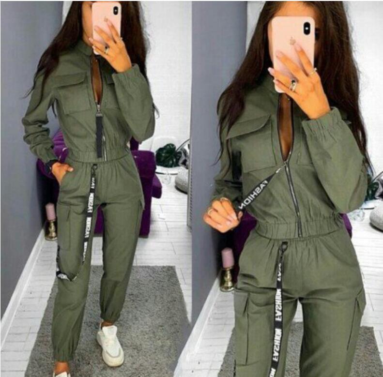 Women Casual Solid Color Two Piece Sets Autumn Long Sleeve Zipper Tops and Long Pants Suits Ladies New Overalls Set Pocket 201119