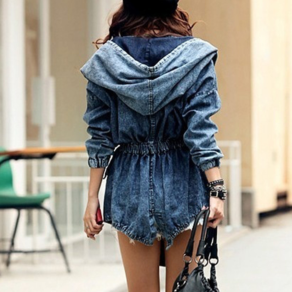 Women's Denim Coat Autumn Spring Warm Hoodie Outerwear Lace Up Hooded Jeans Jackets Long Loose Coats chamarras para hombre##5 201126