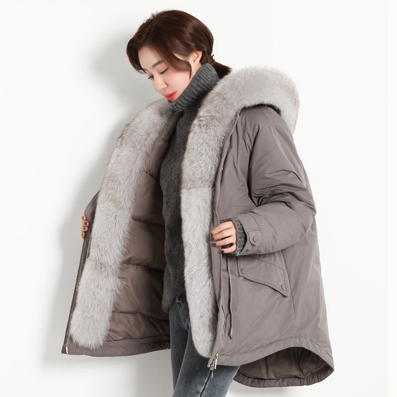 Janveny Large Natural Fox Fur Hooded Down Coat Winter Women 90% White Duck Down Jacket Female Feather Clothes Oversize Parkas 201019