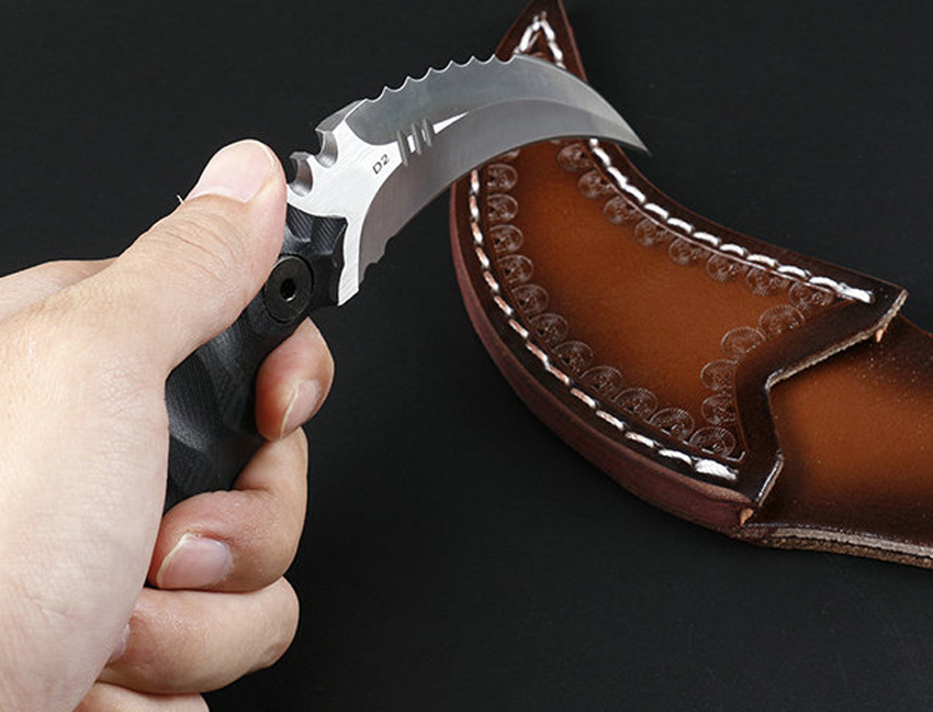 High Quality Karambit Knife D2 Satin / Stone Wash Blade Black Full Tang G10 Handle Claw Knives With Leather Sheath
