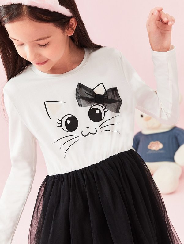 Girls Bow Detail Cat Print Mesh Overlay Dress SHE