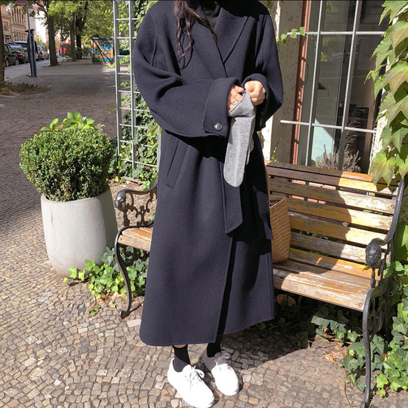 Korean Winter Fat-Sleeved Lacing Belt Long Loose Bathrobe Woolen Overcoat Jacket Warm Thicked Pure Color Wool Coat Women 201222