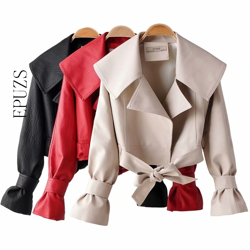 black Red faux leather jacket women biker jacket long sleeve short coat streetwear pu outwear fall winter 201030