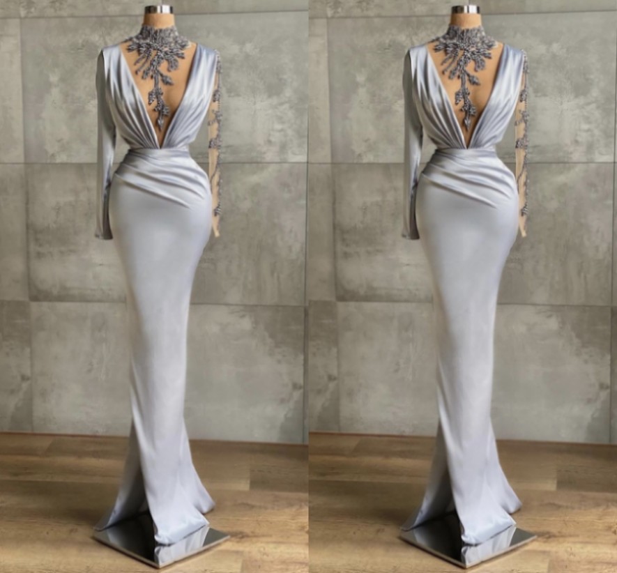 2022 Mermaid Silver Sleeves Evening Dress Elegant New Sheer High Neck Cryatal Beads African Women Prom Formal Gowns Robe De Soiree Vestidos Longo