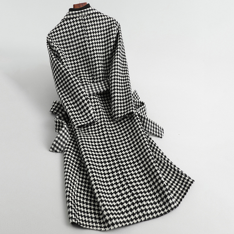 Autumn Winter Women Warm Wool Coat Fashion Plaid Belted Blends Outwear Female Korean Streetwear Thick Long Coats 201215
