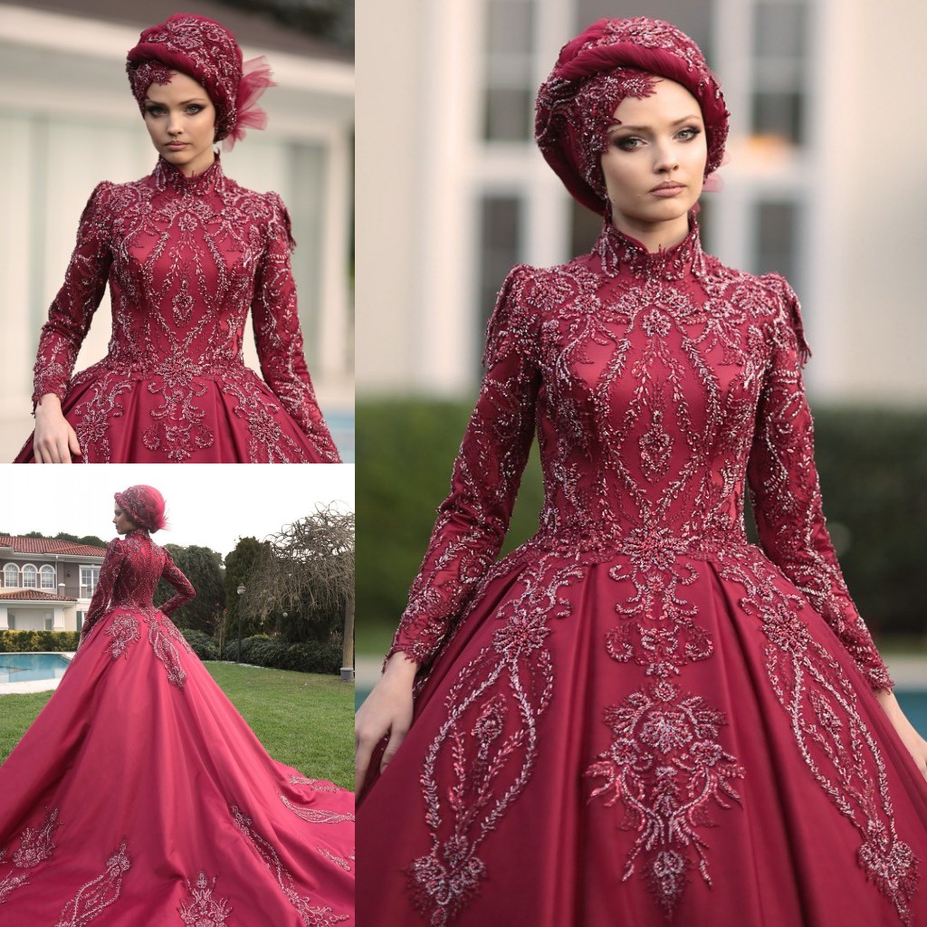 Beaded Muslim Gorgeous Wedding Dresses High Neck A Line Appliqued Long Sleeves Bridal Gowns Sequined Sweep Train Satin Robe De Marie ppliqued