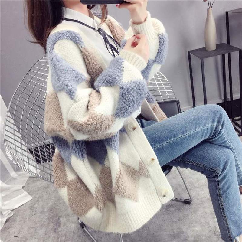 Neploe Sweater Cardigan Women Autumn Winter Korean Thick Knit Cardigans Argyle Oversized Hit Color Knitwear Outwear Coat 55306 201111wtt