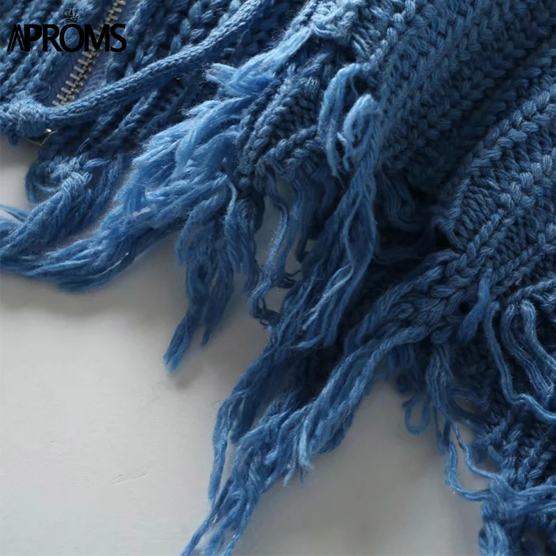 Aproms Casual Tassel Hooded Knitted Sweater Women Zipper Loose Cropped Cardigans Winter Coat Cool Gilrs Streetwear Jumper 201221