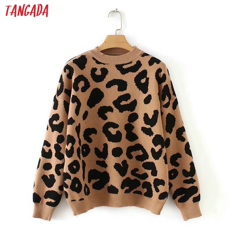 Women's Leopard Knitted Sweater - Thick Warm Winter Pullover With V-Neck, Casual Loose Fit, Brown B4