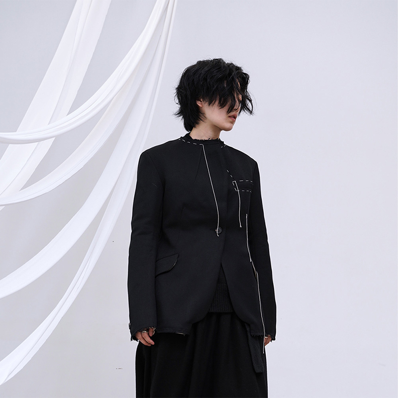 EAM Loose Fit Black Line Split Joint Short Jacket Lapel Long Sleeve Women Coat Fashion Spring Autumn 1M749 201017