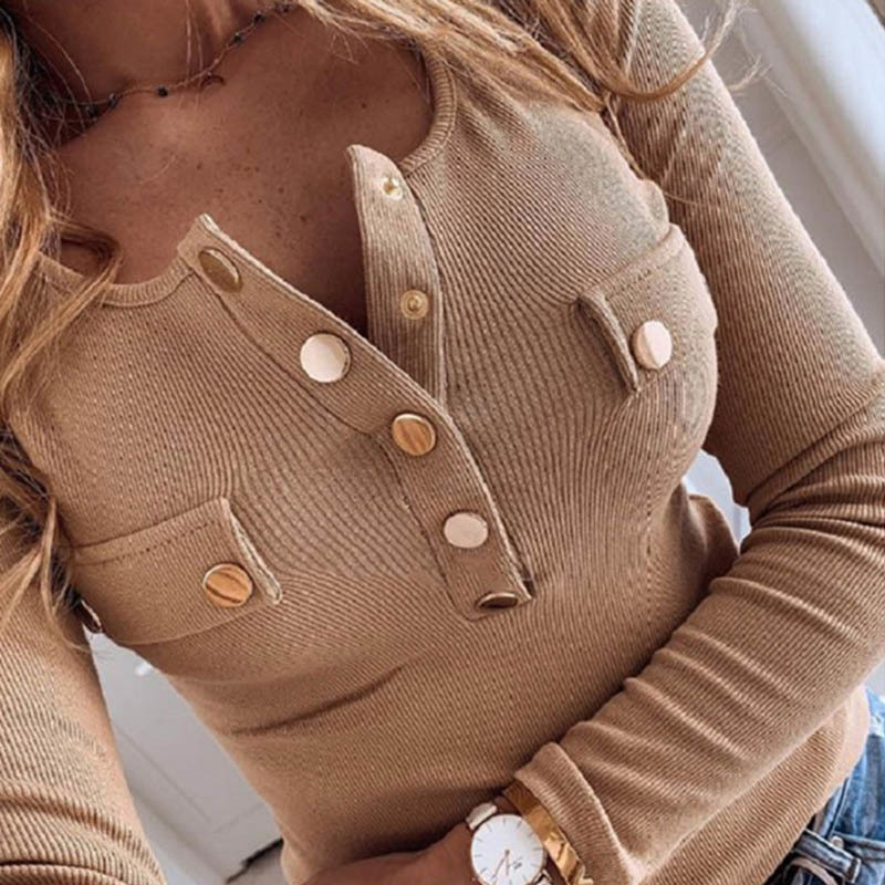 New Elegant Metal Button Shirts Blouse Women Spring Long Sleeve tops Female plus size Sexy VNeck Slim Pullovers tops women T200322