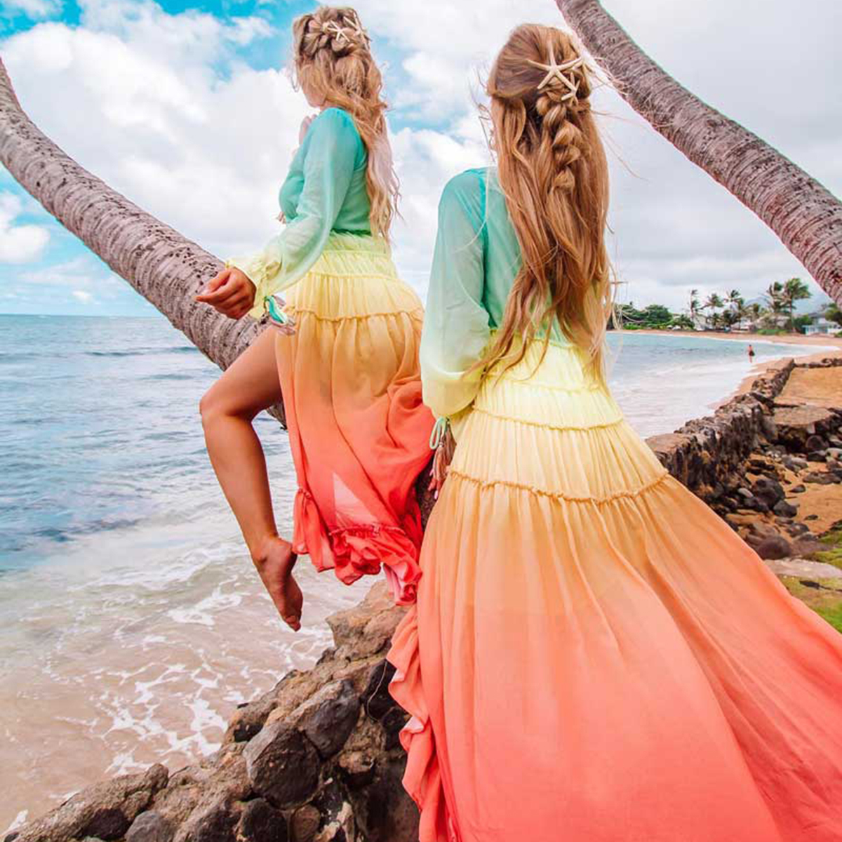 Jastie Chic Rainbow High Low Dress Women V-Neck Tiered Ruffle Trim Summer Dresses Casual Beach Boho Dress Chiffon Long Vestidos LJ201202