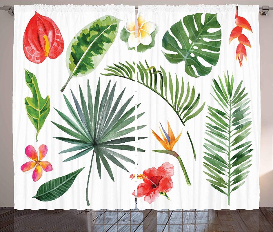 

Aloha Curtains Artistic Tropical Plants Set Lush Jungle Rainforest Elements Blossoms and Leaves Window Drapes for Living Room, As pic