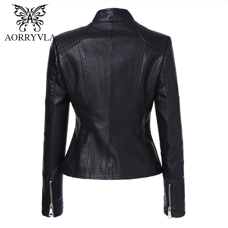 AORRYVLA Plus Size Women's Leather Jacket Mandarin Collar Zipper Black Faux Leather Jacket Slim Style Autumn Female Outwear 201226