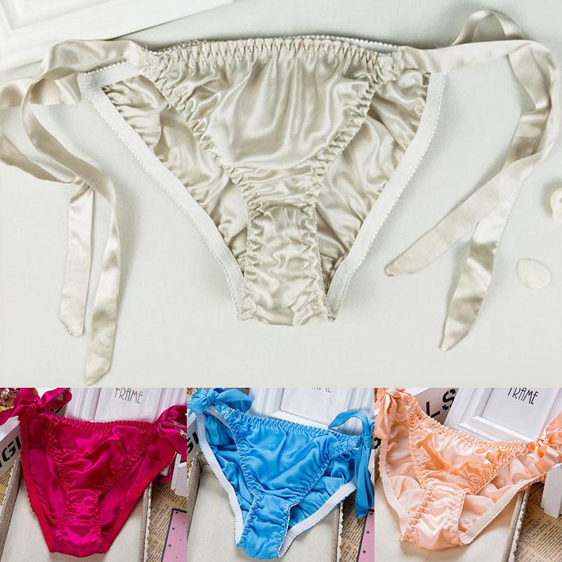 Pure Silk Satin Laceup Panties Women039s Sexy Bikini Briefs Panties Underwear Lingerie Satin Lace Knickers Briefs Female Linge3823358